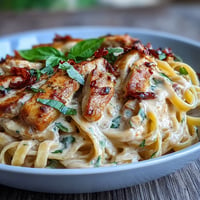 Creamy Marry Me Chicken Pasta with sun-dried tomatoes, garnished with fresh basil.